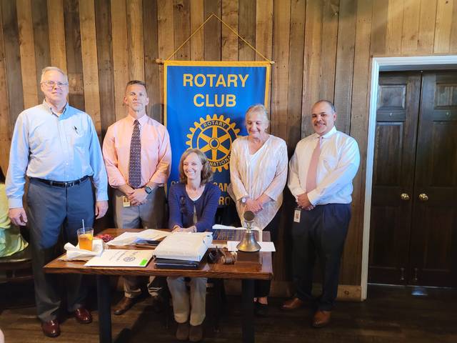 The new slate of officers for the Clinton-Sampson Rotary Club are, from left: Chuck Yancey, secretary; Dr. Wesley Johnson, president-elect; Eileen Coite, past president; Nancy Boomer Barefoot, treasurer; and Ron Carter, newly installed president.
                                 Sherry Matthews|Sampson Independent