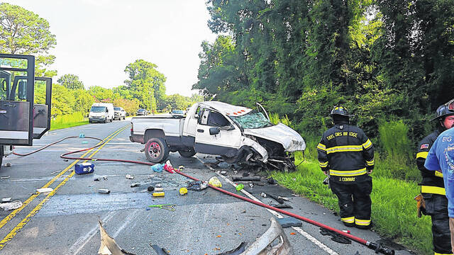 130837149_web1_1000003772
Emergency personnel work to clear the scene of a U.S. 421 accident that claimed the lives of two people and injured two others, Thursday afternoon.
This 2002 Dodge pickup truck, driven by Boyette, 25, of Five Bridge Road, Clinton, was one of two involved in a head-on collision Thursday on U.S. 421 south. Boyette and the driver of the other vehicle were injured. At least one person was killed in the accident.
Courtesy Photo
