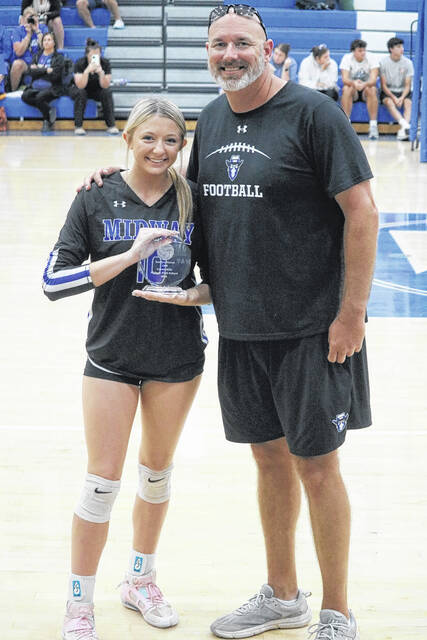 Midway Lady Raider Kaedyn Moran was honored Tuesday night during a home game against the James Kenan Tigers for having recorded her 1,000th career kill, crossing that threshold in a previous game on the road. Pictured with her is Midway athletic director Brandon Lusk.