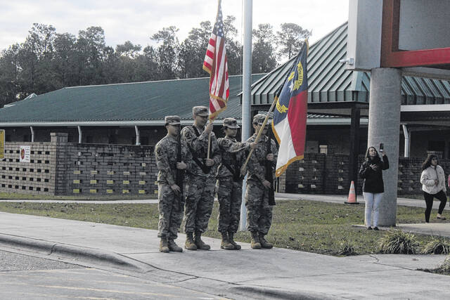 Union High JROTC presents the flags for the Veterans Day ceremony at Union Elementary.
                                 Photos by Noah Britt | Sampson Independent