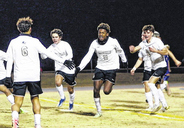 Clintons Nelson Guerrero (11) celebrates with his teammates after he scores the first goal of Tuesdays contest.