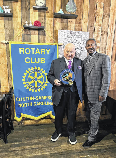 Dr. Ken Benton, left, was honored during the Dec. 8 Clinton-Sampson Rotary meeting for his service as Area 7 District Governor during the 2024-25. Benton, a long-time member of the noon Rotary Club, was presented the award by Clinton-Sampson President Thaddeus Godwin. The noon Rotary Club meets Mondays at Ribeyes.