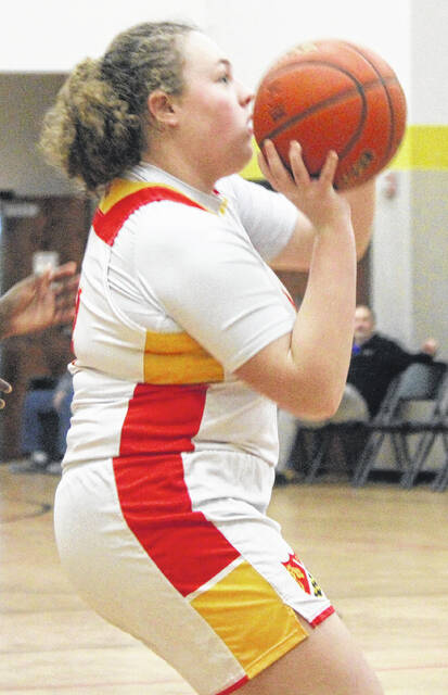 Lady Lion Bailey Hargrove gathers for an elbow three to help add on some points for her team.