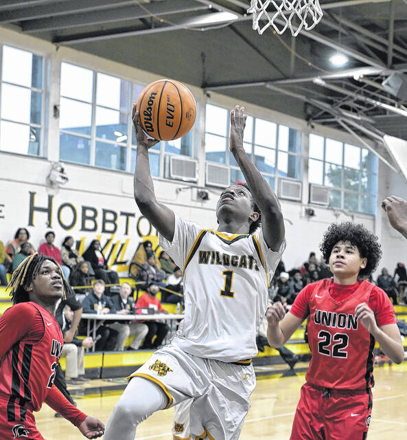 Hobbton sophomore Travis Williams rises for an easy bucket Tuesday night.