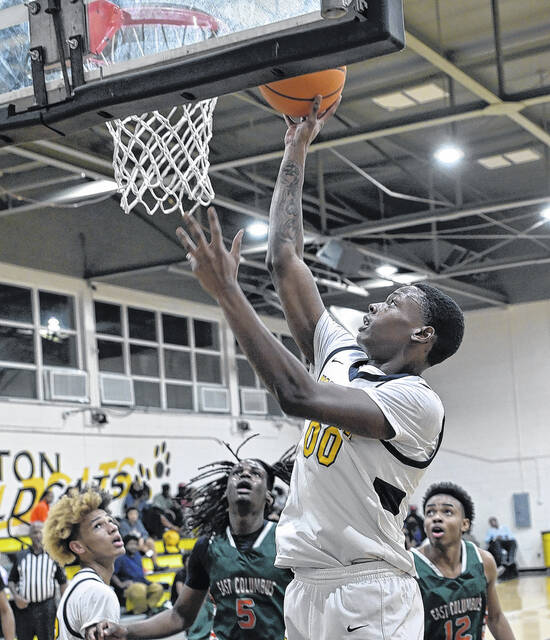 Hobbton senior Reggie Thompson elevates at the rim to add on to his teams total.