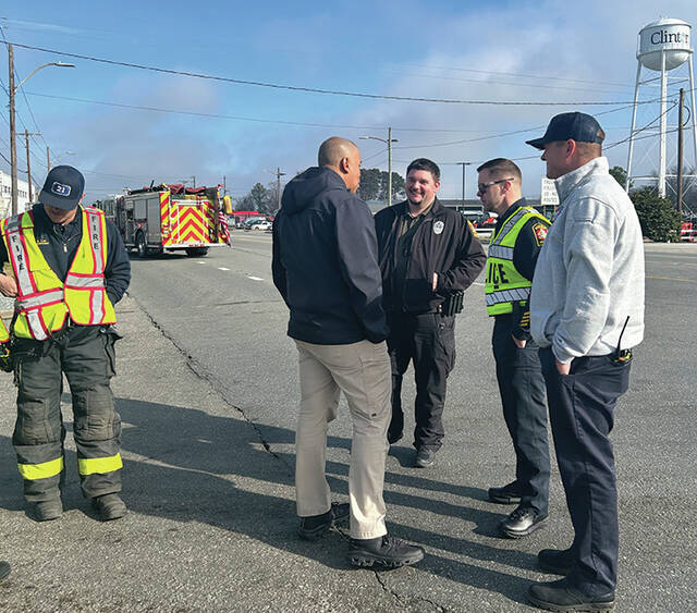 Clinton police and fire officials were on the scene of a waste spill near the intersection of Southeast Boulevard and Dr. Martin Luther King Jr. Boulevard at a little after 9 a.m. Tuesday.
                                 Abby Cavenaugh | Sampson Independent
