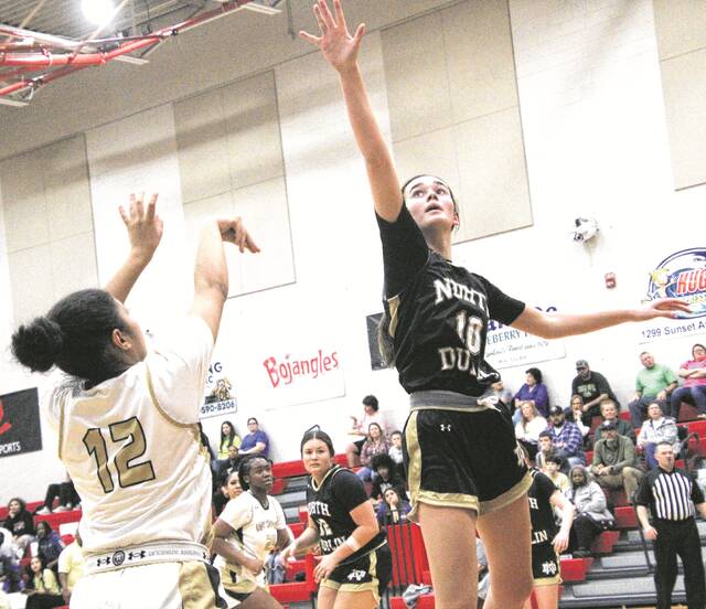 Lady Leopard Jasmine Crumpler drains a midrange jump shot over North Duplins Maggie Brown.