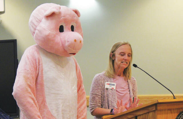 Sampson the Pig joined Extension Agent Eileen Coite at the March 2 meeting of the Sampson County Board of Commissioners to help promote the upcoming Ag Day event.
Abby Cavenaugh | Sampson Independent