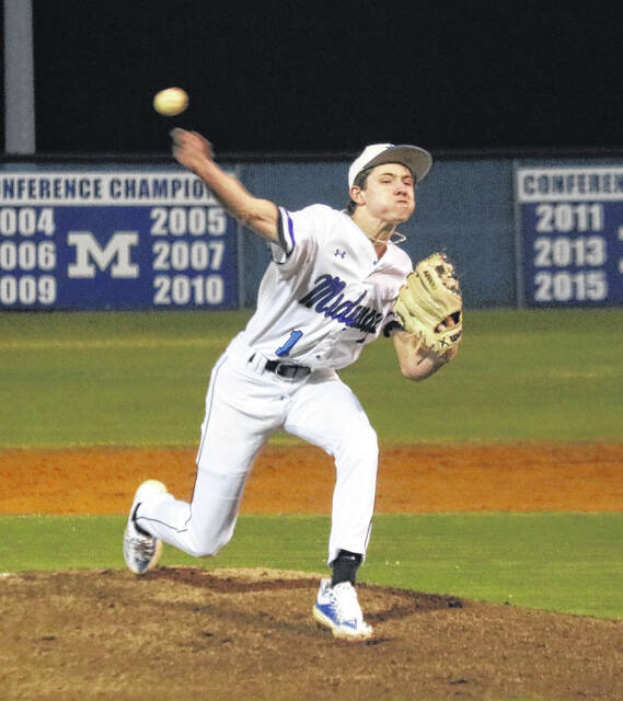 Sophomore Raider Cameron Register hurls a fastball during Midways comeback win.
