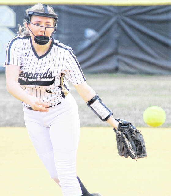 Lady Leopard Caitlyn Bass throws a fast ball towards her catcher.
A. Goodman | Sampson Independent