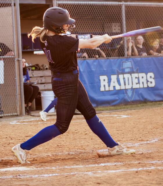 Lady Raider Kyleigh Stonerock goes yard as she connects on one of her two home runs of the night.
                                 Courtesy photo | Tyler Beasley