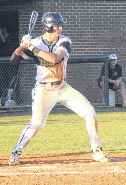 Southeastern CC commit Henry Bass stands tall at the plate, awaiting a pitch.