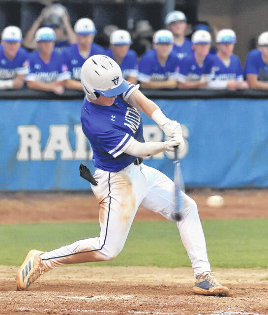Senior Raider Carson Tew makes solid contact resulting in a fourth-inning RBI single Friday night.