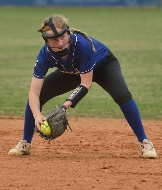 Freshman Lady Raider Maelyn Phillips eyes her target as she prepares to fire a throw to first base during the third inning.