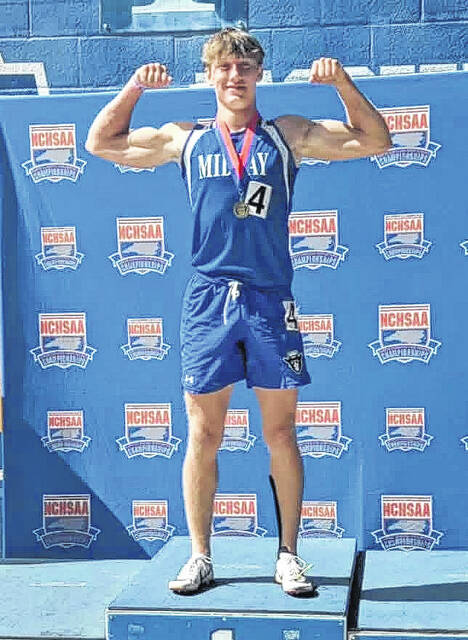 Midway senior Samuel Dudley finished first in the mens 300m hurdles at the 3A NCHSAA Track State Championship.