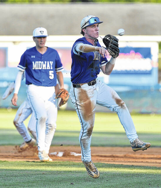 Senior Raider second baseman Carson Tew fires the ball to first after fielding a ricochet off the pitchers foot.