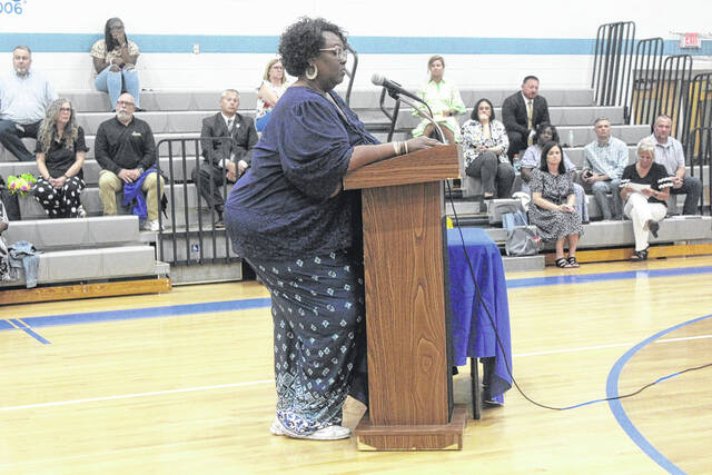 Tachona Nelson of Union Elementary speaks to the board regarding her health issues and the policy Tuesday.