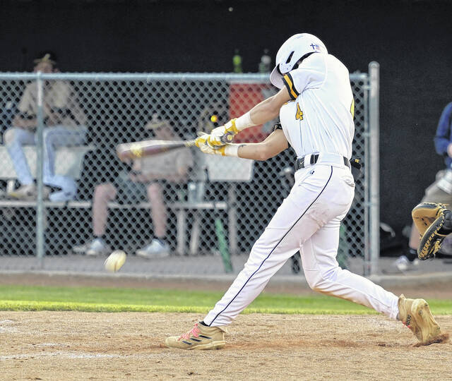 Rising senior Wildcat Ayden Lawson makes contact on a line drive heading towards center field.