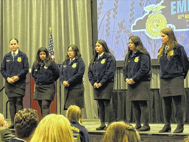 The Hobbton High Parliamentary Procedure team on stage during the oral questions portion of the state FFA competition. Pictured are: Lola Warren, Karyme Medrano, Geiry Tomas, Naomi Villagran, Alison Garcia Alvarado, and Grace Harris.
                                 Courtesy Photo | Hobbton High School