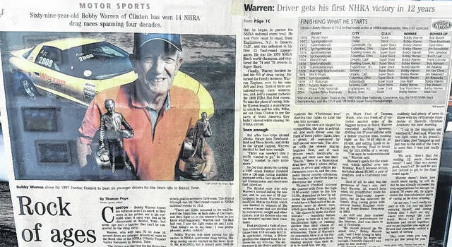 A newspaper clipping describing wins NHRA Hall of Famer Bobby Warren has won. Warren was recently named one of the Top 50 Sportsman Racers for NHRAs 75th anniversary.
Trevon McGlone | Sampson Independent