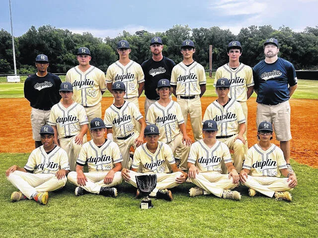 Members of the Duplin County team, are, bottom row, from left: Marshall Rumbold, Noah Bass, Fisher Hobbs, Henry Stevens and Braylen Gomez; center row: Konnor Sholar, Tanner Serafini, Hatch Becher, Davis Smith; and back row: Coach Fernando Gomez, Jase Woodard, Hampton Bass, Coach Ed Bass, Aibel James, Dan Wilson, and Coach Will Rumbold. The Duplin County All-Stars consist of a mix of kids who are natives of Sampson County. The All-Star team managed to qualify for the Dixie Boys Baseball World Series held in Sterlington, La. They face off against the representatives of Florence County, S.C. Saturday, July 18 at 12:30 p.m.
                                 Courtesy Photo | Will Rumbold