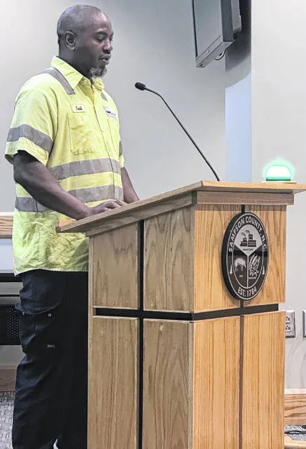 George Barksdale Jr. speaks to the Sampson County Board of Commissioners Monday night, asking them to hold those responsible accountable.
