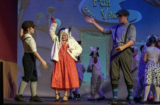 Pictured are Jasper, portrayed by Everett Carr, Cruella de Vil, Naomi Sutton; and Horace, Dominic Johnson.
                                 Courtesy photo | Linda Jewell Carr