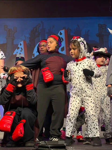 A scene from 101 Dalmatians Kids. Pictured are, front row: Jacob Cacciola, Issac Hernandez, and Isla Jade Matthis; and back row: Evan Catlett and Mateo Vaszquez.
                                 Courtesy photo | Linda Jewell Carr