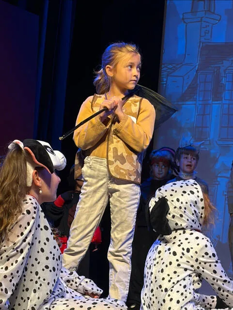 Dogcatcher Herrington Pope, and Dalmatians Vivian Someliana-Lauer and Gracie Stone in a scene from the SCT production of 101 Dalmatian Kids, directed by Linda Jewell Carr.
                                 Courtesy photo | Linda Jewell Carr