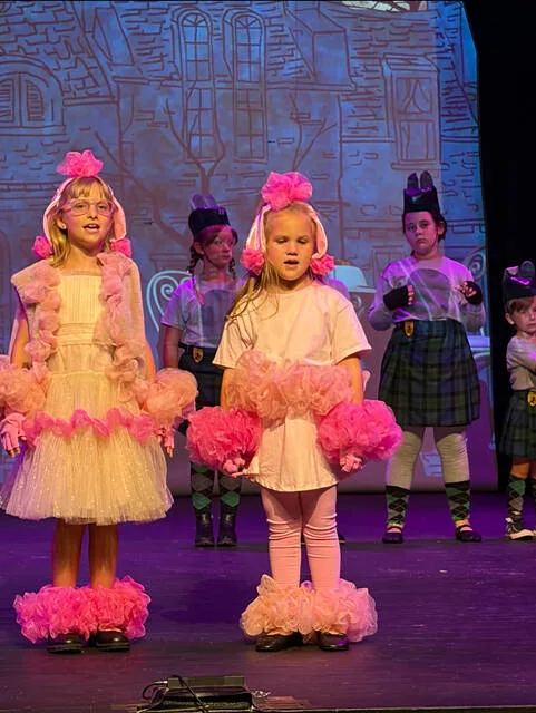 The curtain fell Sunday afternoon on a two-week run of the 101 Dalmatian Kids at Sampson Community Theatre. Pictured here are, front row: Poodle Narrator Evelyn Johnson and Poodle Lainey Cowan; back row: Scottie Narrator Madelyn Cockman, and Scotties Ansleigh Carter and Trey Cockman.
                                 Courtesy photo | Linda Jewell Carr