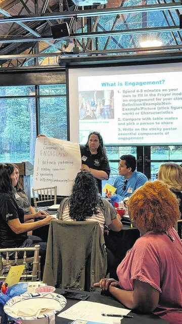 Lead mentor Yadiraliz Hawks holds the poster for her table while Rebecca Byerly facilitates group involvement during an engagement lesson as part of the workshop. In a phone interview this week, Hawks described seeing a need for beginning teachers to be better supported, which led to the development of this workshop,made possible through a Simple Gifts grant. Lakewood High School, where Hawks teaches Spanish, has the highest turnover rate of any school in Sampson County. I just wanted to do something to show them were here and we dont want them to leave, Hawks emphasized. She later added its different, this school year is just different, describing the impact this workshop made on the morale of both beginning teachers and mentors alike.