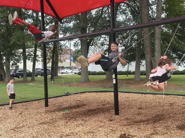 Salemburg kids try the new swings Saturday at the Grand Opening of Love McDaniel Memorial Park.