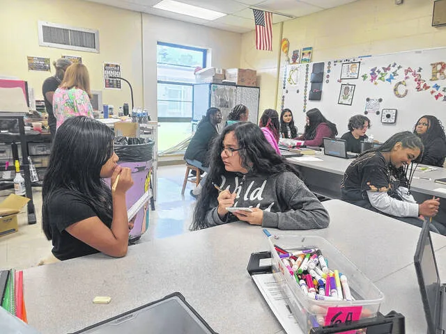 Members of the Junior Reporters Club at Roseboro-Salemburg Middle practice interviewing each other as they learn true journalistic skills during their second class of the year. The group including Tyanna Boone, Layla Bullard, Analinda Maradiaga Cervantes, Emmeri Clayton, Jewel Clester, Layla Colosky, Alin J Cruz Sosa, Denning Edwards, Adela Eleaby, Samaya Gaither, Lindsey Gamboa, Gabrielle Kirkland, Skylar Lee, Arelia Martinez, Brently Pearce, Thalia Perry, Alanis Martinez Quezada, Kayden Ribar, Amora Rich-Robinson, Zoey Smith, Daniela Sosa, TyRihanna Taylor and Shyanne Williams chose the name of their newspaper last week. To be called the Leopard Leader, the newspaper, written and edited by students, will publish quarterly in The Sampson Independent. The young reporters took their newly learned skills to the next level Wednesday, developing short stories on their classmates based on the interviews they did. See those stories in the first Lakewood Leader, inserting in the Oct. 21. The Junior Reporters Club is part of the Lakewood District Literacy Project, made possible through a Simple Gifts grant and in partnership with The Sampson Independent.