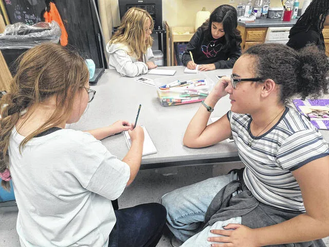 Members of the Junior Reporters Club at Roseboro-Salemburg Middle practice interviewing each other as they learn true journalistic skills during their second class of the year. The group including Tyanna Boone, Layla Bullard, Analinda Maradiaga Cervantes, Emmeri Clayton, Jewel Clester, Layla Colosky, Alin J Cruz Sosa, Denning Edwards, Adela Eleaby, Samaya Gaither, Lindsey Gamboa, Gabrielle Kirkland, Skylar Lee, Arelia Martinez, Brently Pearce, Thalia Perry, Alanis Martinez Quezada, Kayden Ribar, Amora Rich-Robinson, Zoey Smith, Daniela Sosa, TyRihanna Taylor and Shyanne Williams chose the name of their newspaper last week. To be called the Leopard Leader, the newspaper, written and edited by students, will publish quarterly in The Sampson Independent. The young reporters took their newly learned skills to the next level Wednesday, developing short stories on their classmates based on the interviews they did. See those stories in the first Lakewood Leader, inserting in the Oct. 21. The Junior Reporters Club is part of the Lakewood District Literacy Project, made possible through a Simple Gifts grant and in partnership with The Sampson Independent.