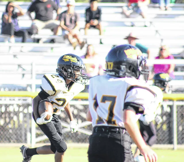 Hobbtons Nasir Moore looks forward as he returns a kickoff with blockers in front of him.
Trevon McGlone | Sampson Independent