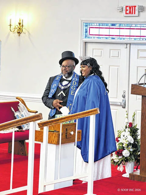 Brother Jonathan Davis, Mr. Phoenix Lodge 2026, and Sister Tisha Sumners, Ms. Julia Chapter 2026, are recognized following the crowning ceremony.